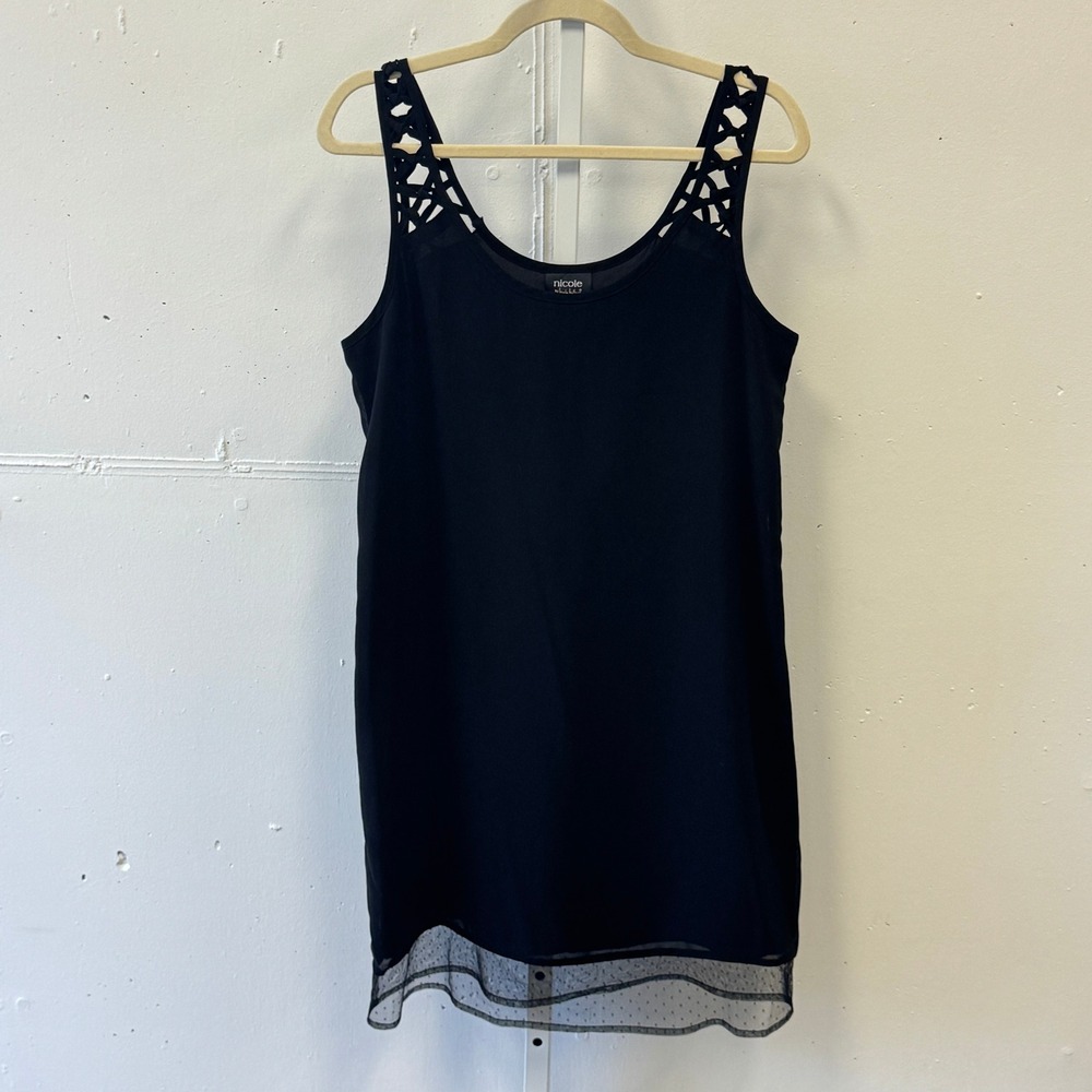 Nicole by Nicole Miller Black Lattice Strap Sheer Hem‎ Shift Mini Dress Size 6